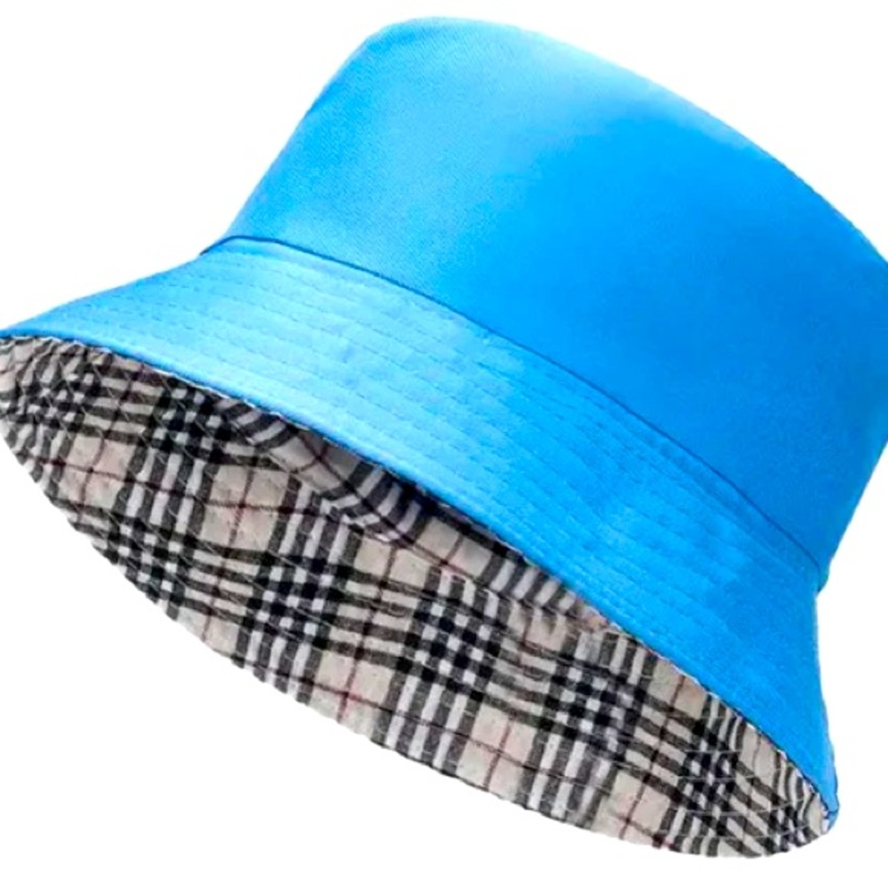 Plaid Bucket Hat with Sky Blue Reversible Lining Bucket Hat